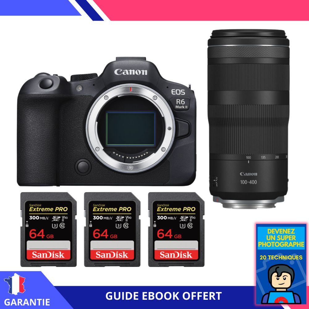Canon EOS R6 Mark II + RF 100-400mm f/5.6-8 IS USM + 3 SanDisk 64GB Extreme PRO UHS-II SDXC 300MB/s + Ebook 'Devenez Un Super Photographe' - Appareil Photo Canon