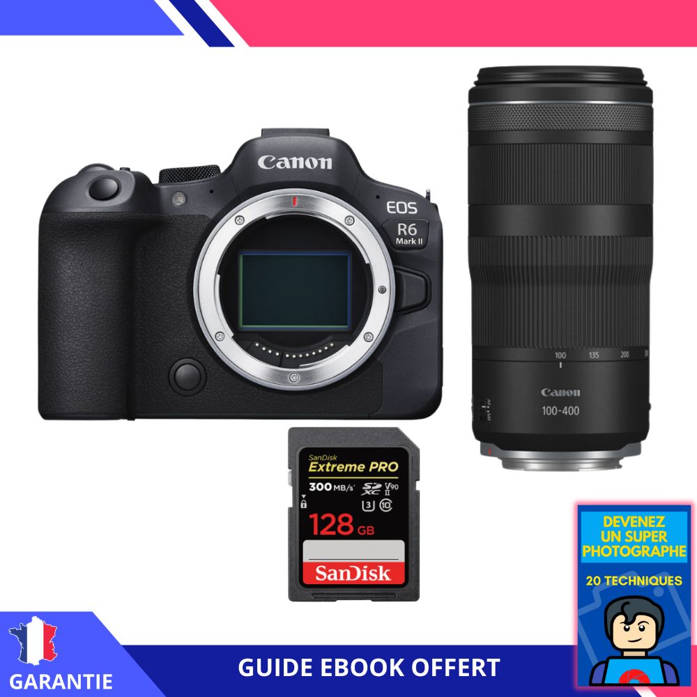 Canon EOS R6 Mark II + RF 100-400mm f/5.6-8 IS USM + 1 SanDisk 128GB Extreme PRO UHS-II SDXC 300 MB/s + Ebook 'Devenez Un Super Photographe' - Appareil Photo Canon
