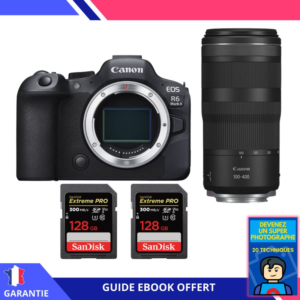Canon EOS R6 Mark II + RF 100-400mm f/5.6-8 IS USM + 2 SanDisk 128GB Extreme PRO UHS-II SDXC 300 MB/s + Ebook 'Devenez Un Super Photographe' - Appareil Photo Canon