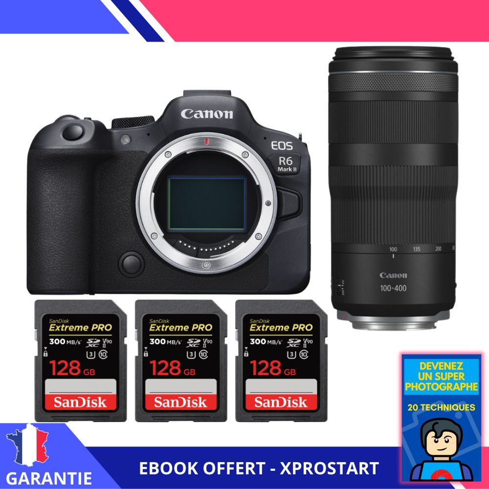 Canon EOS R6 Mark II + RF 100-400mm f/5.6-8 IS USM + 3 SanDisk 128GB Extreme PRO UHS-II SDXC 300MB/s + Ebook 'Become a Super Photographer' - Camera Canon