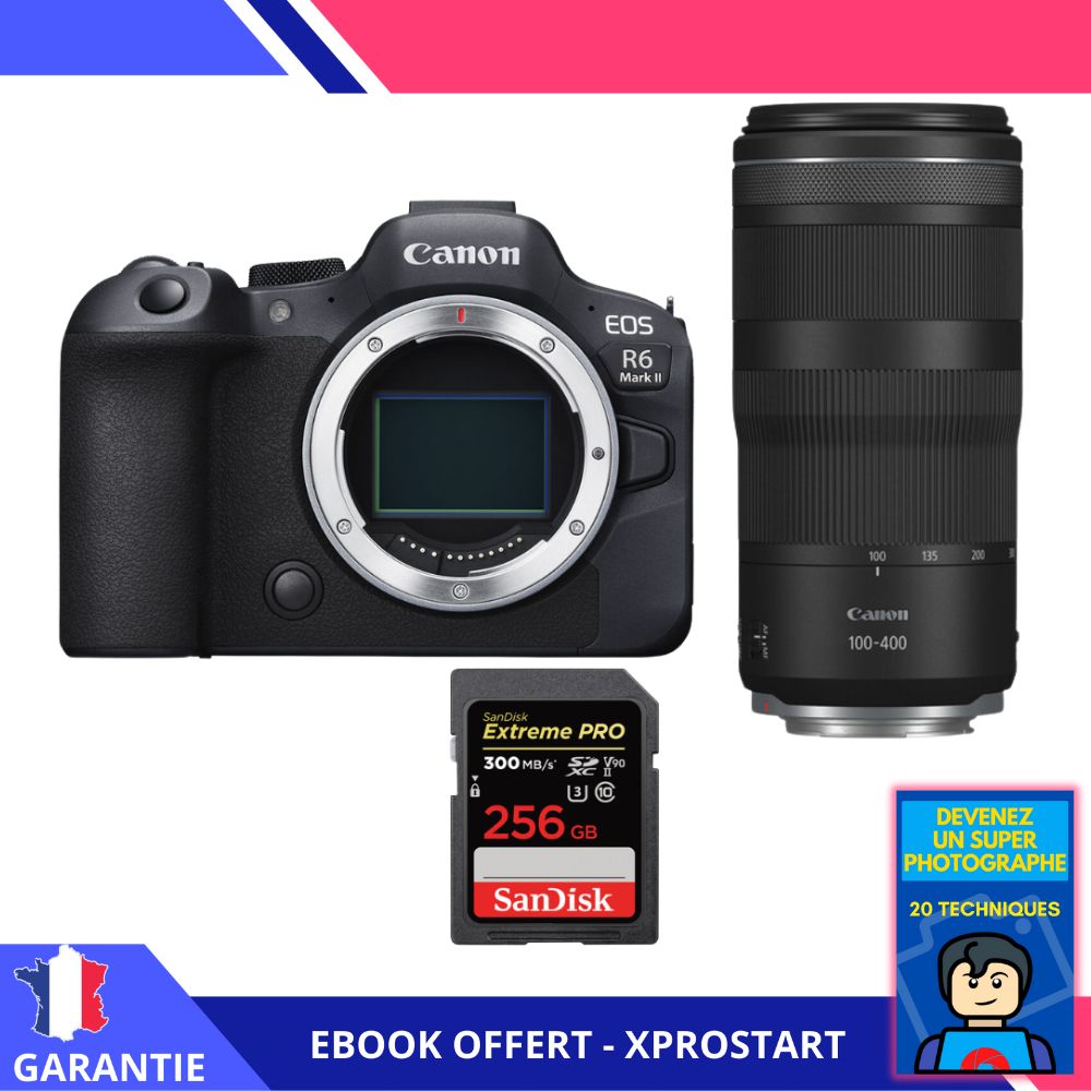 Canon EOS R6 Mark II + RF 100-400mm f/5.6-8 IS USM + 1 SanDisk 256GB Extreme PRO UHS-II SDXC 300MB/s + Ebook 'Devenez Un Super Photographe' - Appareil Photo Canon