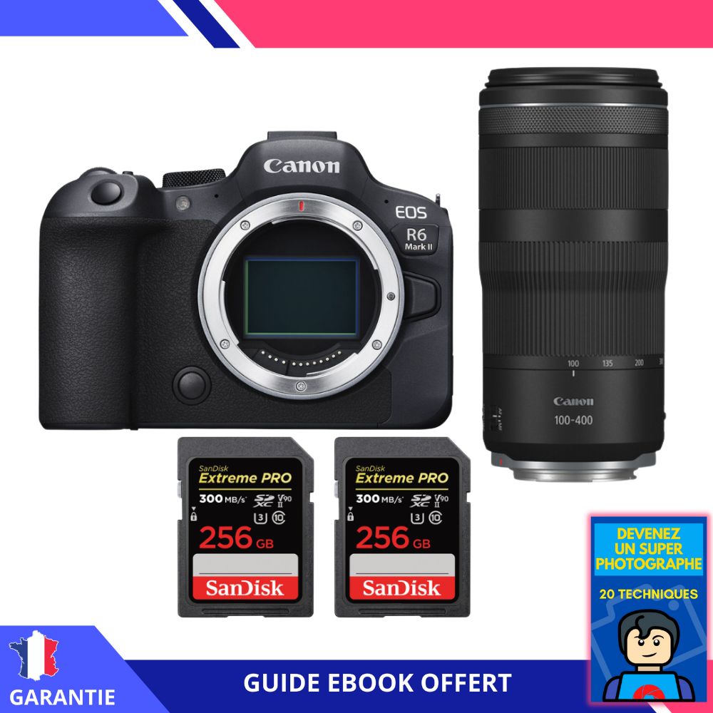 Canon EOS R6 Mark II + RF 100-400mm f/5.6-8 IS USM + 2 SanDisk 256GB Extreme PRO UHS-II SDXC 300 MB/s + Ebook 'Devenez Un Super Photographe' - Appareil Photo Canon