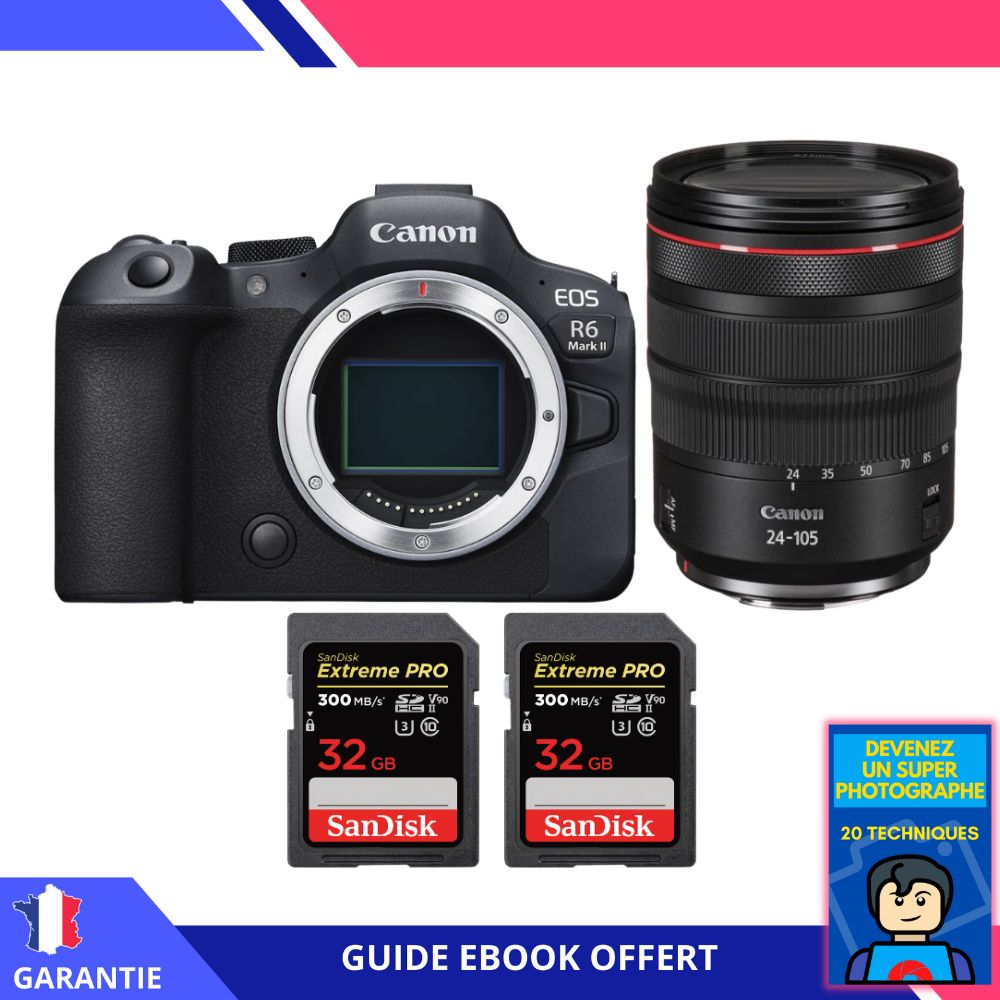 Canon EOS R6 Mark II + RF 24-105mm f/4 L IS USM + 2 SanDisk 32GB Extreme PRO UHS-II SDXC 300 MB/s + Ebook 'Devenez Un Super Photographe' - Appareil Photo Canon