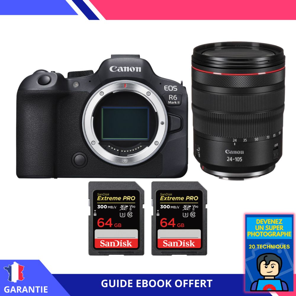 Canon EOS R6 Mark II + RF 24-105mm f/4 L IS USM Lens + 2x 64GB SanDisk Extreme PRO UHS-II SDXC Cards + 'Become a Super Photographer' Ebook - Camera