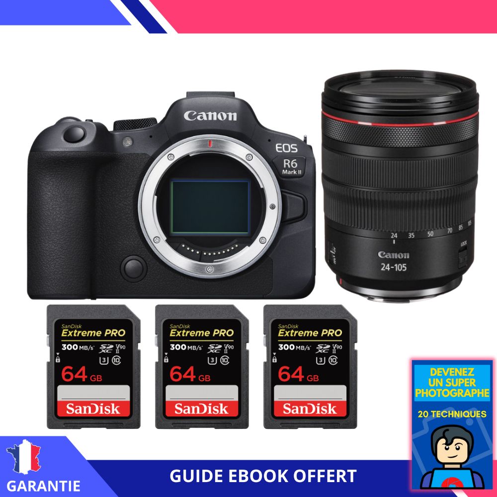 Canon EOS R6 Mark II + RF 24-105mm f/4 L IS USM + 3 SanDisk 64GB Extreme PRO UHS-II SDXC 300 MB/s + Ebook 'Devenez Un Super Photographe' - Appareil Photo Canon