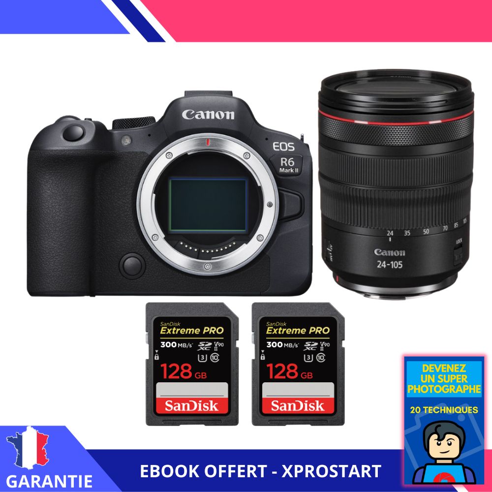 Canon EOS R6 Mark II + RF 24-105mm f/4 L IS USM + 2 SanDisk 128GB Extreme PRO UHS-II SDXC 300 MB/s + Ebook 'Devenez Un Super Photographe' - Appareil Photo Canon