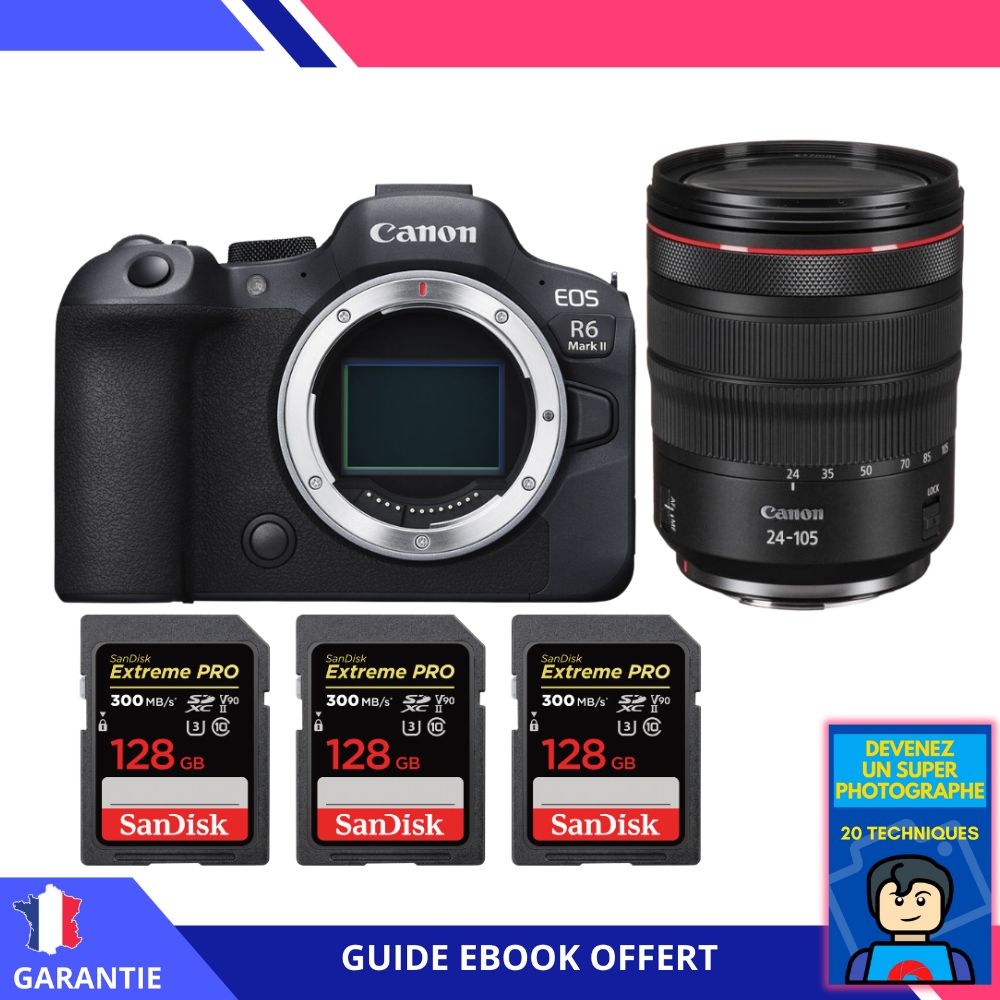 Canon EOS R6 Mark II + RF 24-105mm f/4 L IS USM + 3 SanDisk 128GB Extreme PRO UHS-II SDXC 300 MB/s + Ebook 'Devenez Un Super Photographe' - Appareil Photo Canon