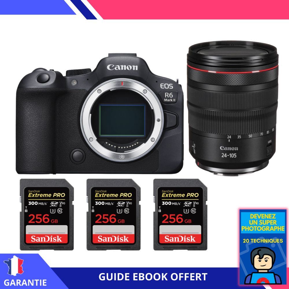 Canon EOS R6 Mark II + RF 24-105mm f/4 L IS USM + 3 SanDisk 256GB Extreme PRO UHS-II SDXC 300 MB/s + Ebook 'Devenez Un Super Photographe' - Appareil Photo Canon