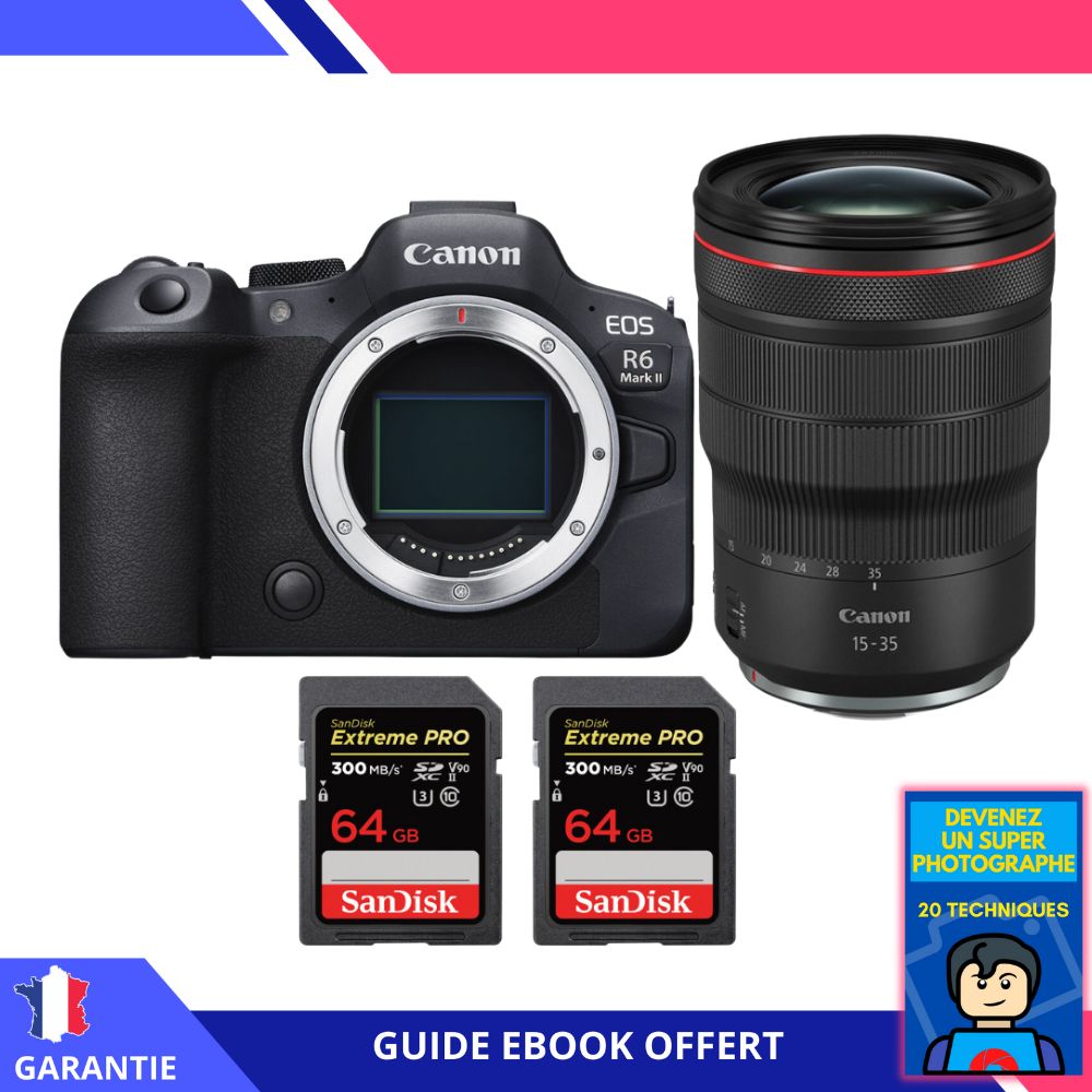 Canon EOS R6 Mark II + RF 15-35mm f/2.8 L IS USM + 2 SanDisk 64GB Extreme PRO UHS-II SDXC 300 MB/s + Ebook 'Devenez Un Super Photographe' - Appareil Photo Canon
