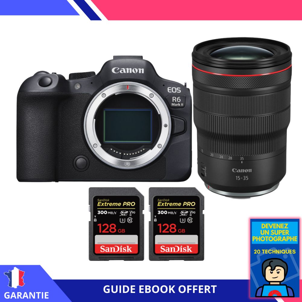 Canon EOS R6 Mark II + RF 15-35mm f/2.8 L IS USM + 2 SanDisk 128GB Extreme PRO UHS-II SDXC 300 MB/s + Ebook 'Devenez Un Super Photographe' - Appareil Photo Canon