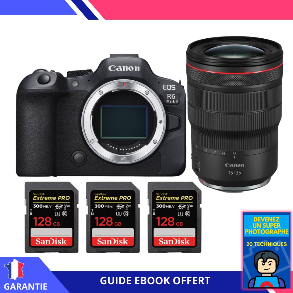 Canon EOS R6 Mark II + RF 15-35mm f/2.8 L IS USM + 3 SanDisk 128GB Extreme PRO UHS-II SDXC 300 MB/s + Ebook 'Devenez Un Super Photographe' - Appareil Photo Canon