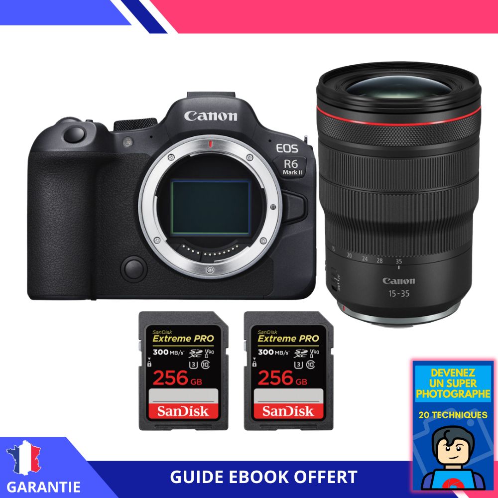 Canon EOS R6 Mark II + RF 15-35mm f/2.8 L IS USM + 2 SanDisk 256GB Extreme PRO UHS-II SDXC 300 MB/s + Ebook 'Devenez Un Super Photographe' - Appareil Photo Canon