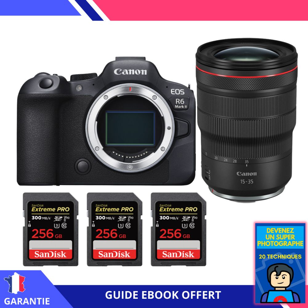 Canon EOS R6 Mark II + RF 15-35mm f/2.8 L IS USM + 3 SanDisk 256GB Extreme PRO UHS-II SDXC 300 MB/s + Ebook 'Devenez Un Super Photographe' - Camera Canon