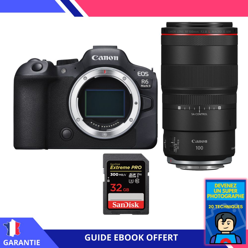 Canon EOS R6 Mark II + RF 100mm f/2.8 L Macro IS USM + 1 SanDisk 32GB Extreme PRO UHS-II SDXC 300 MB/s + Ebook 'Devenez Un Super Photographe' - Appareil Photo Canon