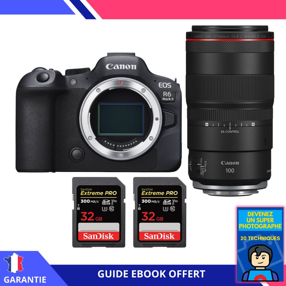 Canon EOS R6 Mark II + RF 100mm f/2.8 L Macro IS USM Lens + 2 SanDisk 32GB Extreme PRO UHS-II SDXC Cards + 'Become a Super Photographer' Ebook - Camera