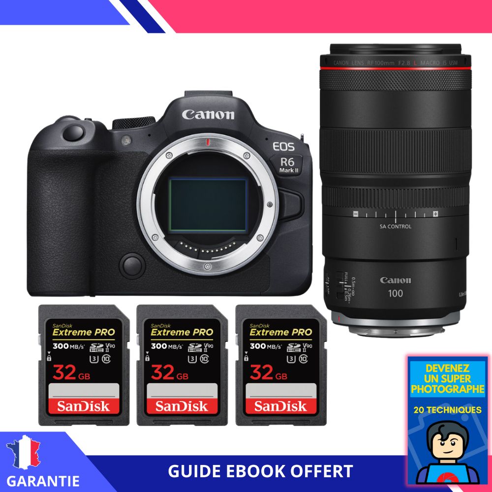 Canon EOS R6 Mark II + RF 100mm f/2.8 L Macro IS USM Lens + 3 SanDisk 32GB Extreme PRO UHS-II SDXC Cards + 'Become a Super Photographer' Ebook - Camera