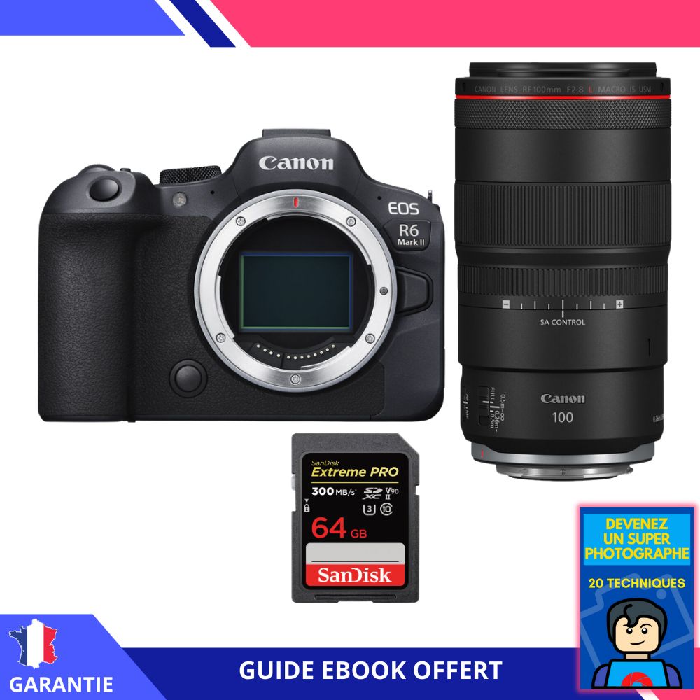 Canon EOS R6 Mark II + RF 100mm f/2.8 L Macro IS USM + 1 SanDisk 64GB Extreme PRO UHS-II SDXC 300 MB/s + Ebook 'Devenez Un Super Photographe' - Appareil Photo Canon