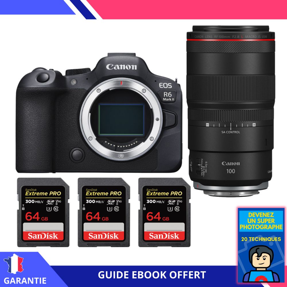 Canon EOS R6 Mark II + RF 100mm f/2.8 L Macro IS USM + 3 SanDisk 64GB Extreme PRO UHS-II SDXC 300 MB/s + Ebook 'Devenez Un Super Photographe' - Appareil Photo Canon