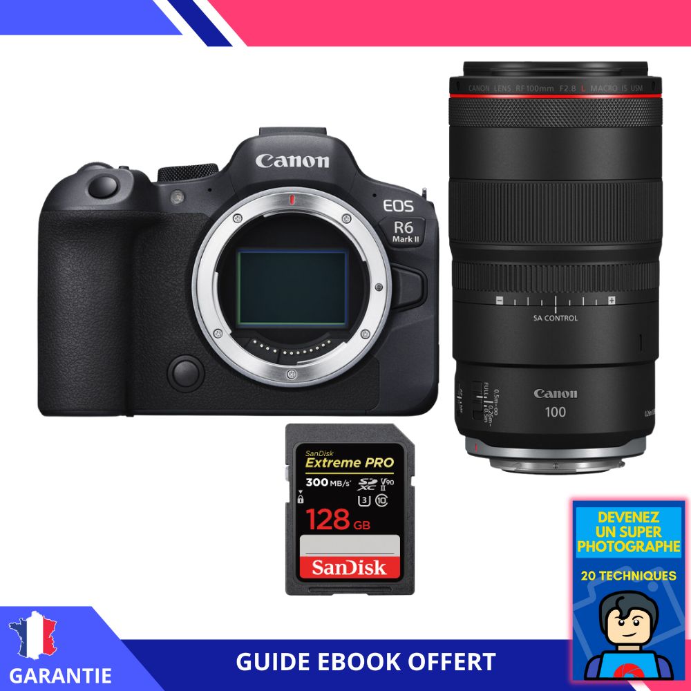 Canon EOS R6 Mark II + RF 100mm f/2.8 L Macro IS USM + 1 SanDisk 128GB Extreme PRO UHS-II SDXC 300 MB/s + Ebook 'Devenez Un Super Photographe' - Appareil Photo Canon