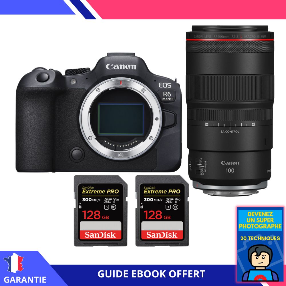 Canon EOS R6 Mark II + RF 100mm f/2.8 L Macro IS USM + 2 SanDisk 128GB Extreme PRO UHS-II SDXC 300 MB/s + Ebook 'Devenez Un Super Photographe' - Appareil Photo Canon