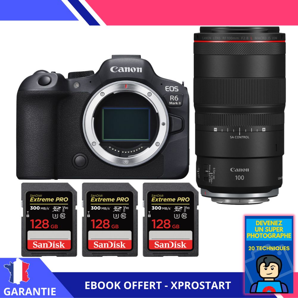 Canon EOS R6 Mark II + RF 100mm f/2.8 L Macro IS USM + 3 SanDisk 128GB Extreme PRO UHS-II SDXC 300MB/s + Ebook 'Devenez Un Super Photographe' - Appareil Photo Canon