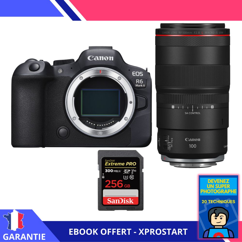 Canon EOS R6 Mark II + RF 100mm f/2.8 L Macro IS USM + 1 SanDisk 256GB Extreme PRO UHS-II SDXC 300 MB/s + Ebook 'Devenez Un Super Photographe' - Appareil Photo Canon