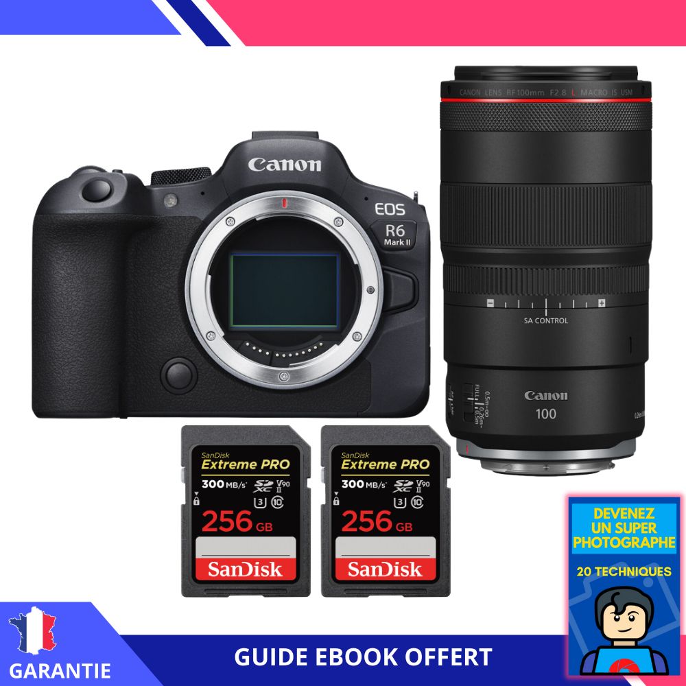 Canon EOS R6 Mark II + RF 100mm f/2.8 L Macro IS USM + 2 SanDisk 256GB Extreme PRO UHS-II SDXC 300 MB/s + Ebook 'Devenez Un Super Photographe' - Appareil Photo Canon