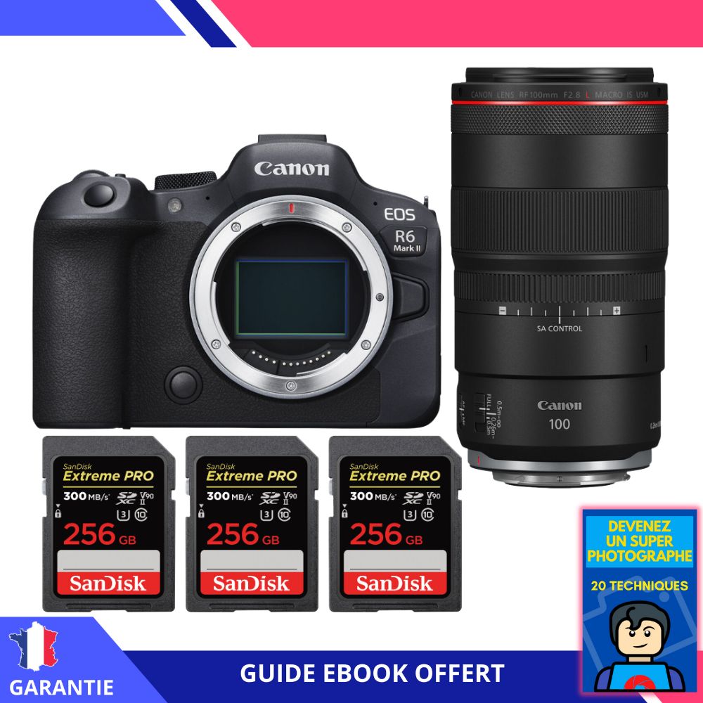 Canon EOS R6 Mark II + RF 100mm f/2.8 L Macro IS USM + 3 SanDisk 256GB Extreme PRO UHS-II SDXC 300 MB/s Memory Cards + Ebook 'Become a Super Photographer' - Camera