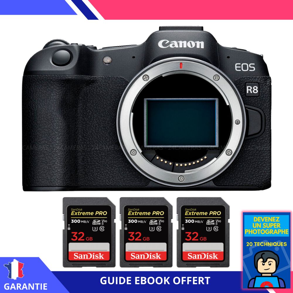 Canon EOS R8 Camera + 3 SanDisk 32GB Extreme PRO UHS-II SDXC Cards 300MB/s + Ebook 'Become a Super Photographer'