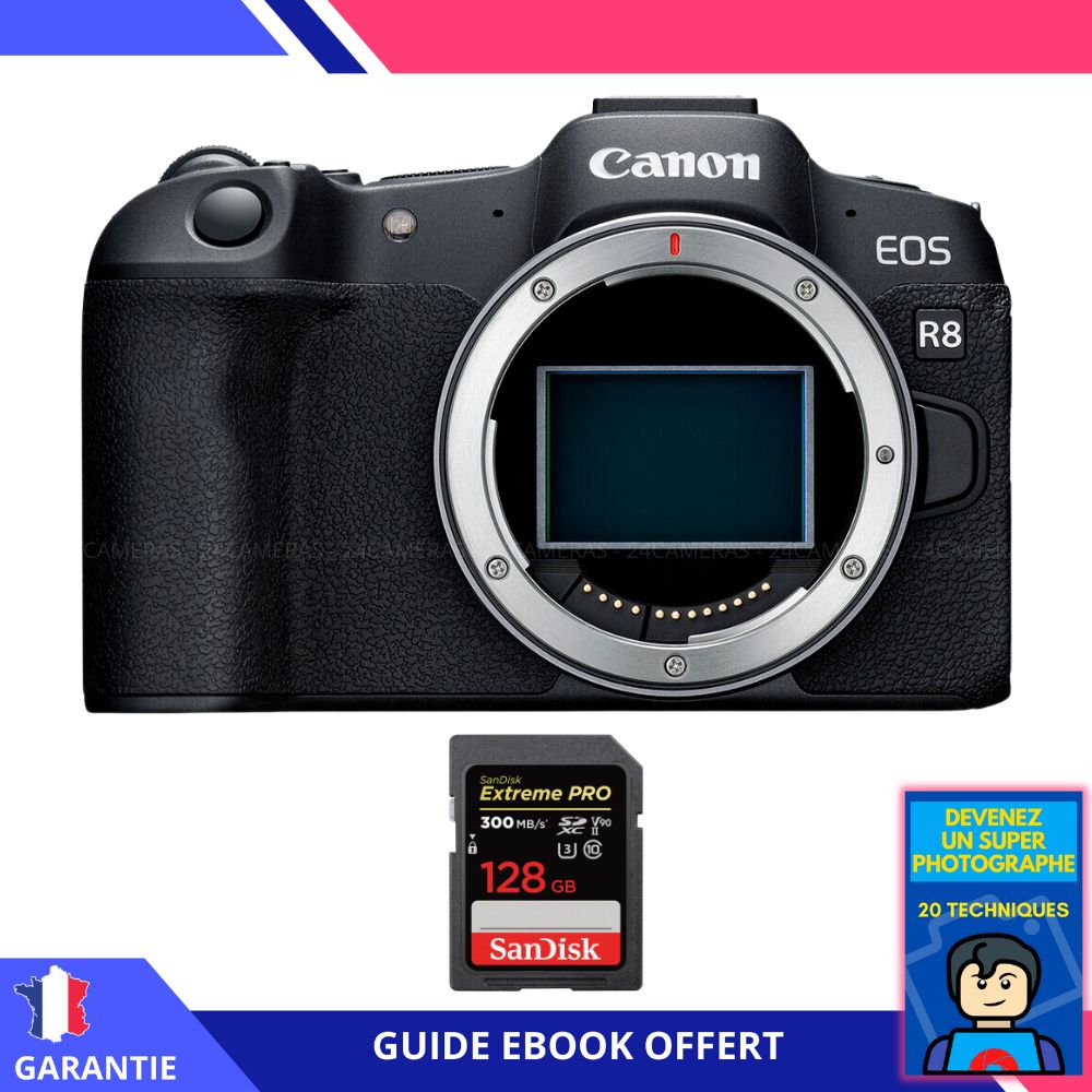 Canon EOS R8 + 1 SanDisk 128GB Extreme PRO UHS-II SDXC 300MB/s + Ebook 'Become a Super Photographer' - Canon Camera