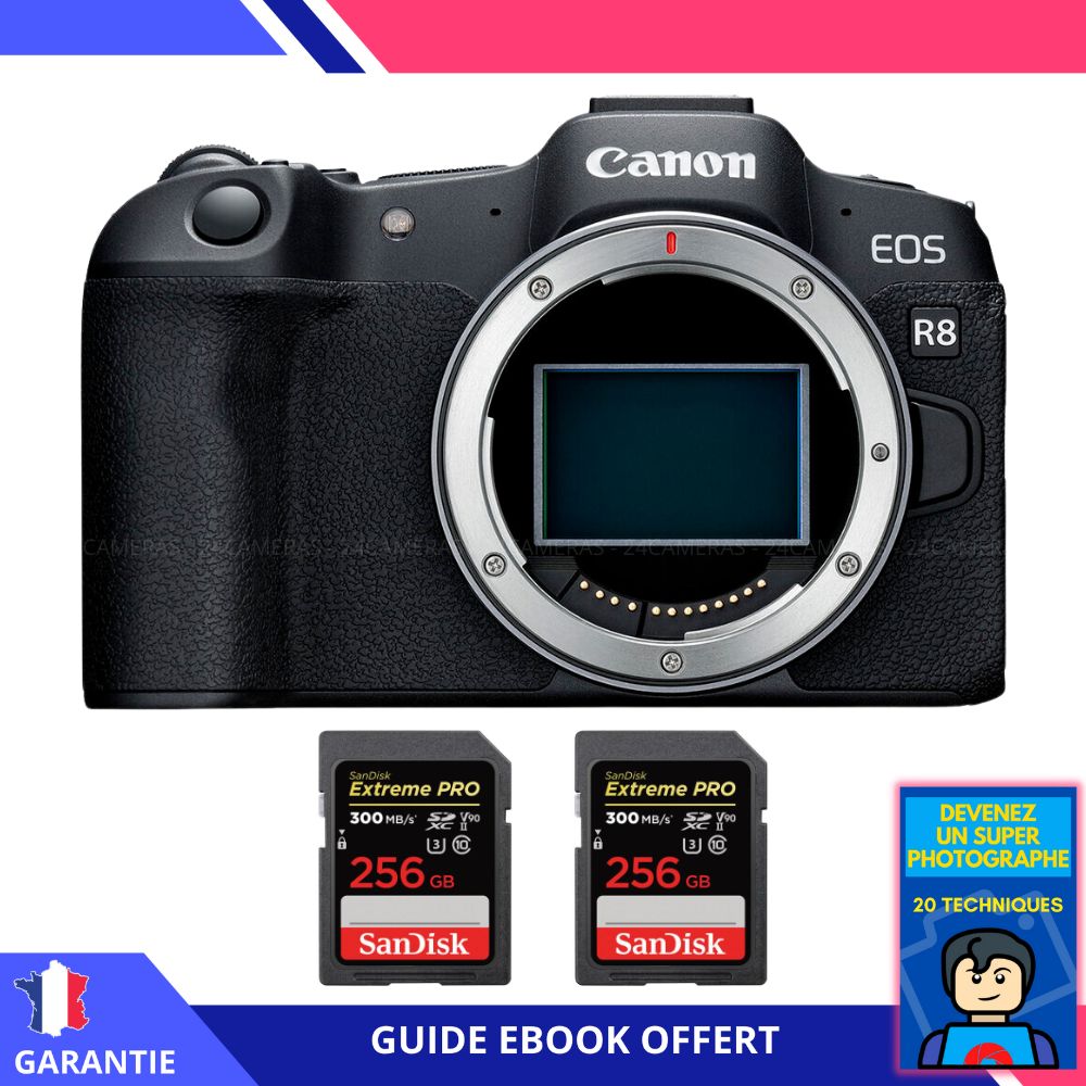 Canon EOS R8 + 2 SanDisk 256GB Extreme PRO UHS-II SDXC 300MB/s + Ebook 'Become a Super Photographer' - Canon Camera