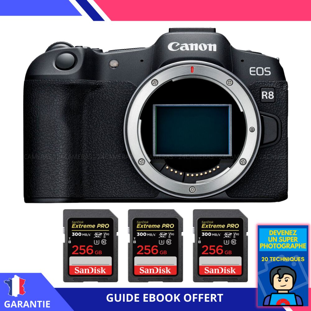 Canon EOS R8 + 3 SanDisk 256GB Extreme PRO UHS-II SDXC 300MB/s Memory Card Kit + Ebook 'Become a Super Photographer' - Canon Camera