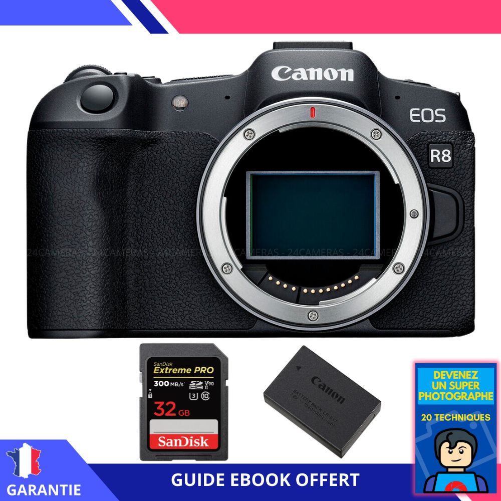 Canon EOS R8 + 1 tarjeta de memoria SanDisk 32GB Extreme PRO UHS-II SDXC 300 MB/s + batería Canon LP-E17 + ebook 'Conviértete en un fotógrafo súper'