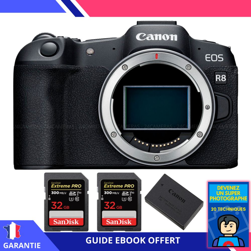 Canon EOS R8 Camera + 2 SanDisk 32GB Extreme PRO UHS-II SDXC Cards + Canon LP-E17 Battery + Ebook: 'Become a Super Photographer'