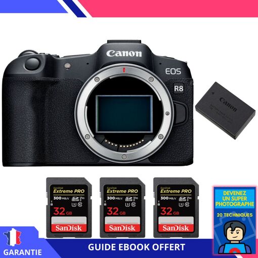 Cámara Canon EOS R8 + 3 tarjetas SanDisk de 32 GB Extreme PRO UHS-II SDXC + 1 batería Canon LP-E17 + ebook ''Conviértase en un fotógrafo super''