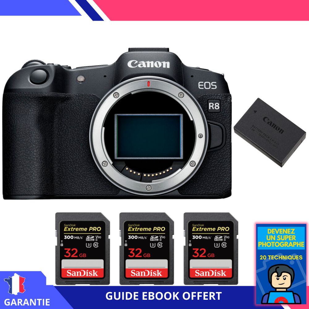 Canon EOS R8 Camera + 3 SanDisk 32GB Extreme PRO UHS-II SDXC Cards + 1 Canon LP-E17 Battery + 'Become a Super Photographer' Ebook - Canon Camera