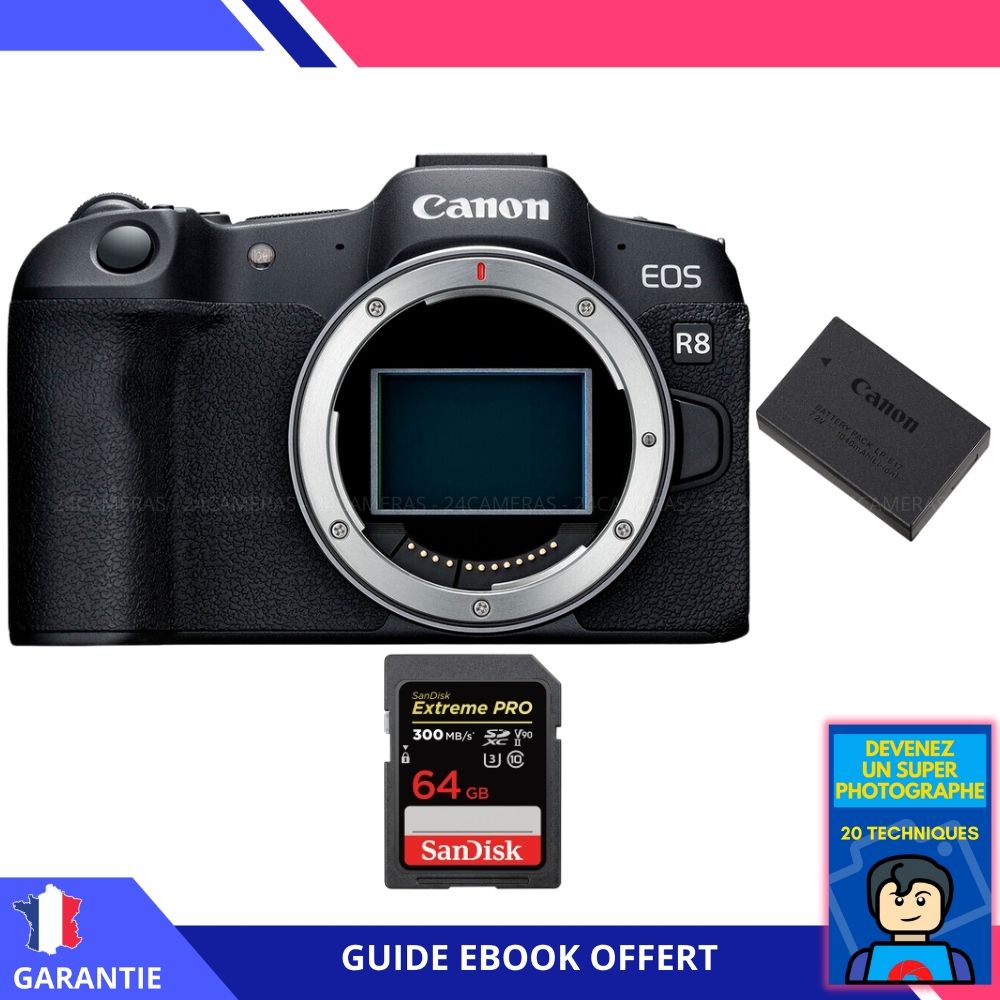 Canon EOS R8 + 1 SanDisk 64GB Extreme PRO UHS-II SDXC 300MB/s + 1 Canon LP-E17 Battery + Ebook 'Become a Super Photographer'
