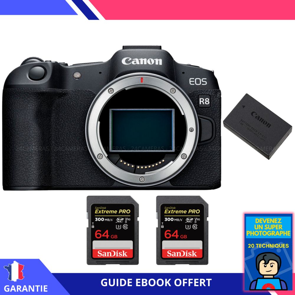 Canon EOS R8 + 2 SanDisk 64GB Extreme PRO UHS-II SDXC 300MB/s + 1 Canon LP-E17 + Ebook 'Devenez Un Super Photographe' - Digital Camera Canon