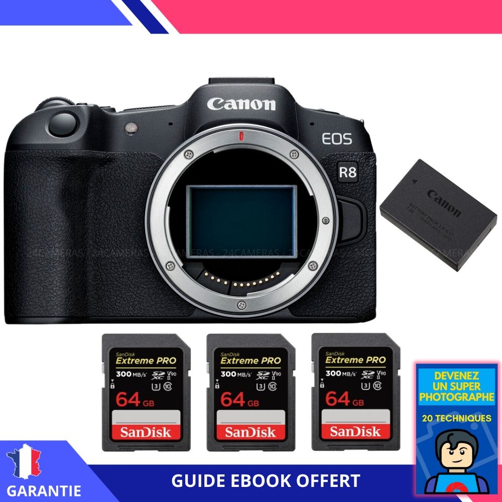 Canon EOS R8 Camera + 3 SanDisk 64GB Extreme PRO UHS-II SDXC Cards + 1 Canon LP-E17 Battery + Ebook - Become a Super Photographer