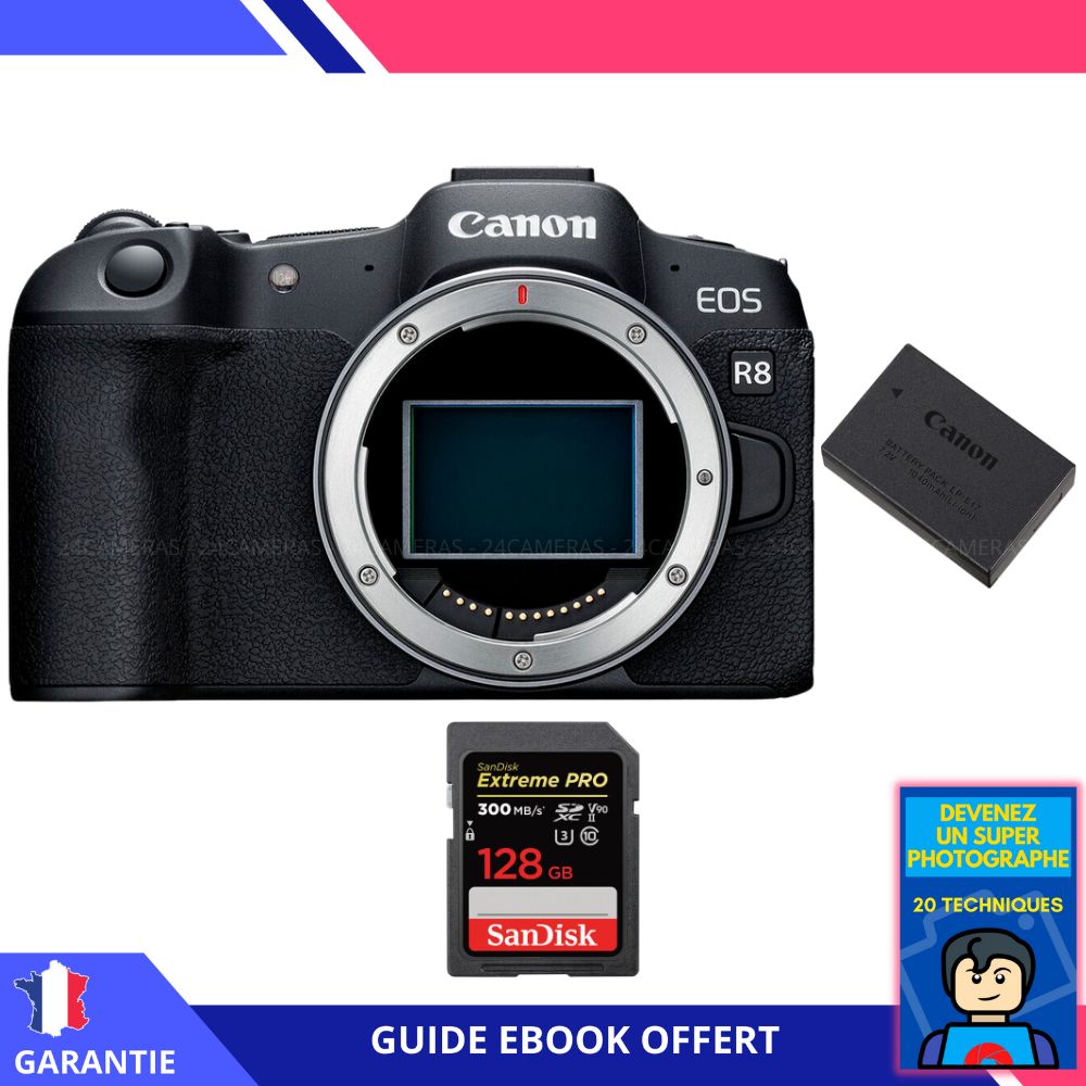 Canon EOS R8 + 1 SanDisk 128GB Extreme PRO UHS-II SDXC 300MB/s + 1 Canon LP-E17 + Ebook 'Devenez Un Super Photographe' - Appareil Photo Canon