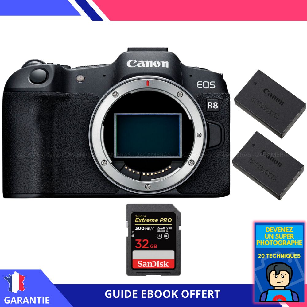 Canon EOS R8 + 1 SanDisk 32GB Extreme PRO UHS-II SDXC 300MB/s + 2 Canon LP-E17 + Ebook 'Devenez Un Super Photographe' - Digital Camera Canon