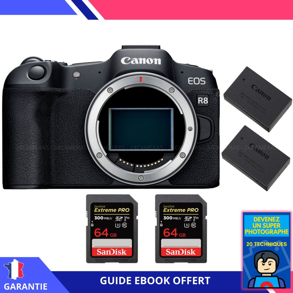 Canon EOS R8 + 2 SanDisk 64GB Extreme PRO UHS-II SDXC 300MB/s + 2 Canon LP-E17 + Ebook 'Devenez Un Super Photographe' - Digital Camera Canon