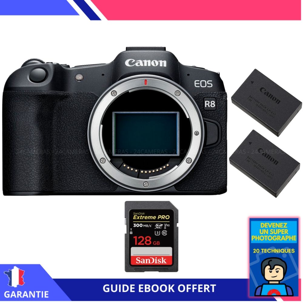 Canon EOS R8 + 1 SanDisk 128GB Extreme PRO UHS-II SDXC Card + 2 Canon LP-E17 Batteries + Ebook 'Devenez Un Super Photographe' - Camera Canon