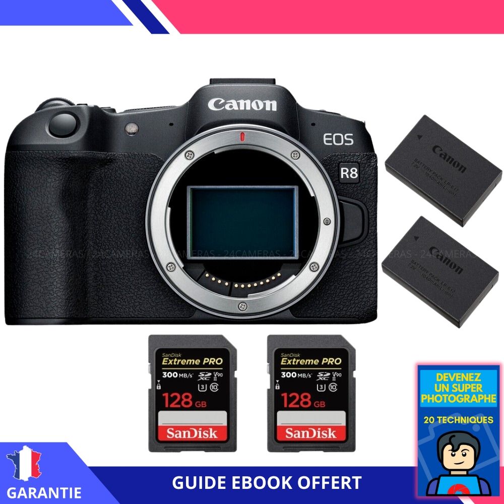 Canon EOS R8 + 2 SanDisk 128GB Extreme PRO UHS-II SDXC 300MB/s + 2 Canon LP-E17 + Ebook 'Devenez Un Super Photographe' - Digital Camera Canon