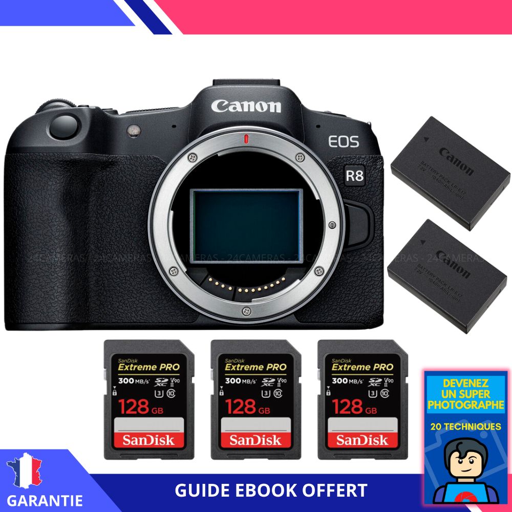 Canon EOS R8 + 3 SanDisk 128GB Extreme PRO UHS-II SDXC 300MB/s Memory Cards + 2 Canon LP-E17 Batteries + Ebook 'Become a Super Photographer'
