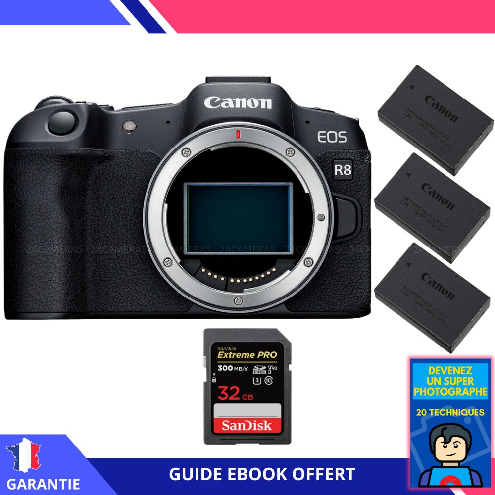 Canon EOS R8 + 1 SanDisk 32GB Extreme PRO UHS-II SDXC 300MB/s + 3 Canon LP-E17 + Ebook 'Devenez Un Super Photographe' - Digital Camera Canon