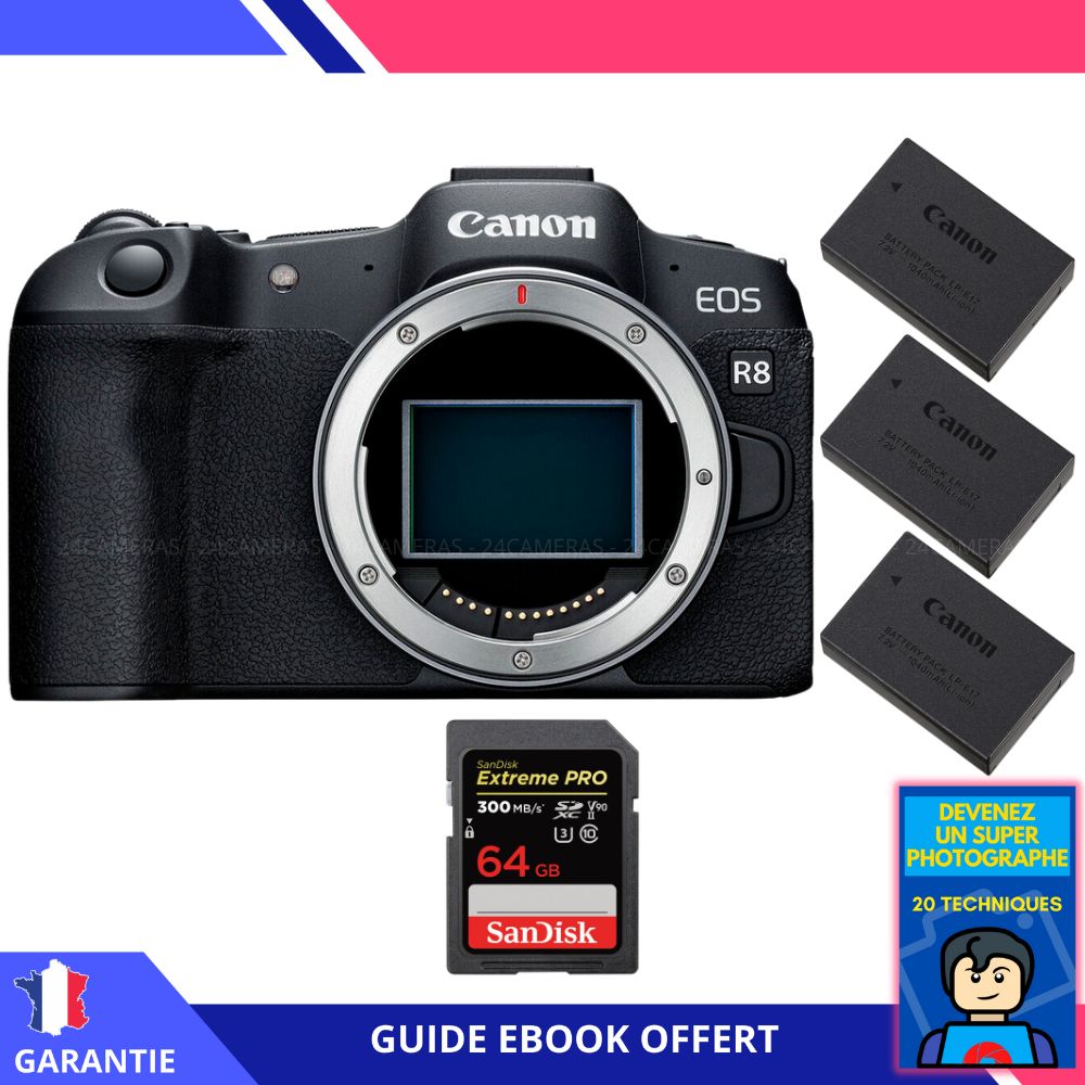 Canon EOS R8 + 1 SanDisk 64GB Extreme PRO UHS-II SDXC Card + 3 Canon LP-E17 Batteries + Ebook 'Become a Super Photographer' - Camera