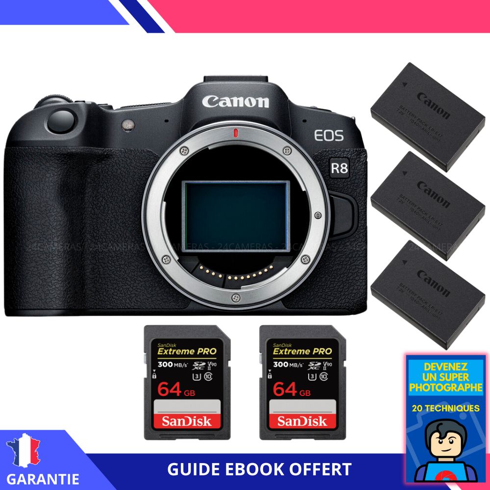 Canon EOS R8 + 2 SanDisk 64GB Extreme PRO UHS-II SDXC 300MB/s + 3 Canon LP-E17 + Ebook 'Devenez Un Super Photographe' - Appareil Photo Canon