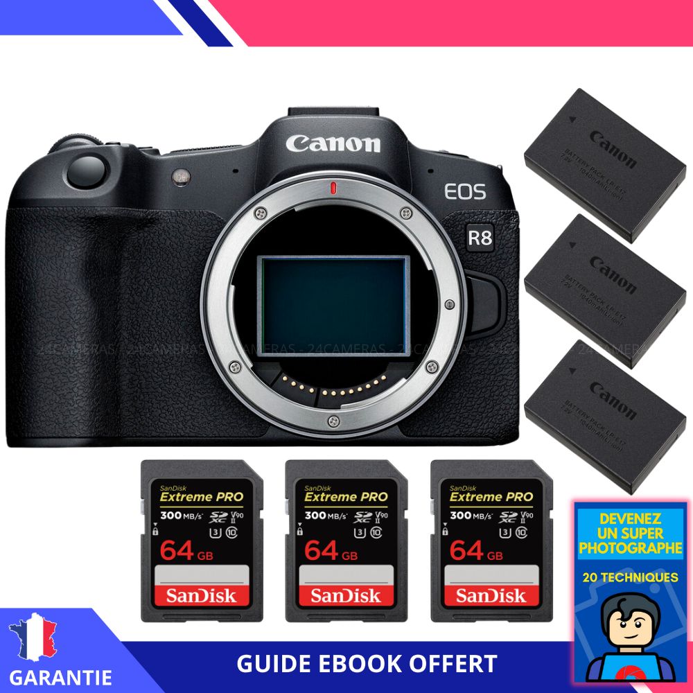 Canon EOS R8 + 3 SanDisk 64GB Extreme PRO UHS-II SDXC 300MB/s + 3 Canon LP-E17 + Ebook 'Devenez Un Super Photographe' - Camera Canon