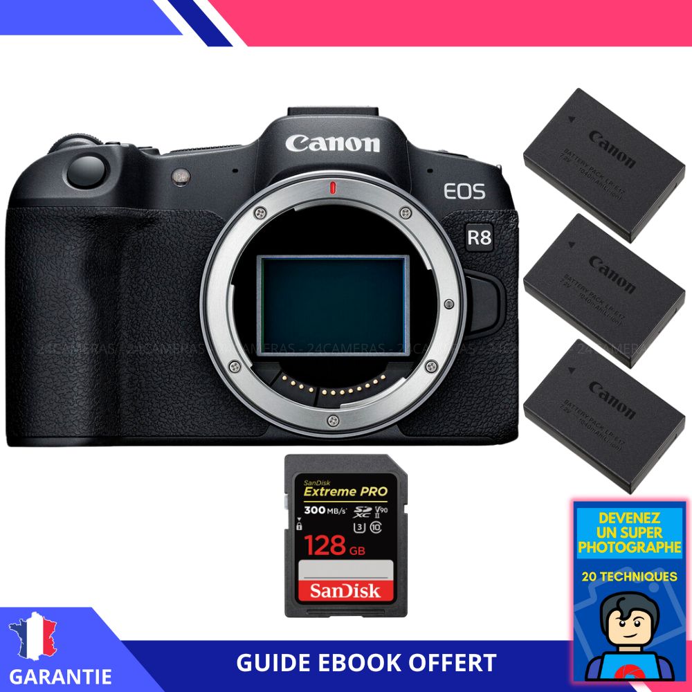Canon EOS R8 + 1 SanDisk 128GB Extreme PRO UHS-II SDXC 300MB/s Card + 3 Canon LP-E17 Batteries + Ebook 'Become a Super Photographer' - Camera